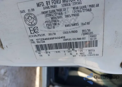 2009 Ford Ranger Fx4 Off-Road/Sport/Xlt from USA, damaged, VIN 1FTZR45E69PA32402